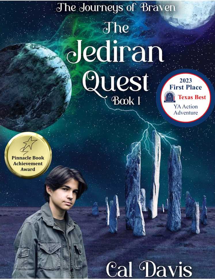 Book cover of 'The Jediran Quest' by Cal Davis with a young boy and celestial elements.